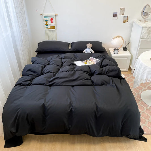 Black Soft Bedding Set (Duvet Cover, Pillowcases, Flat Sheet)