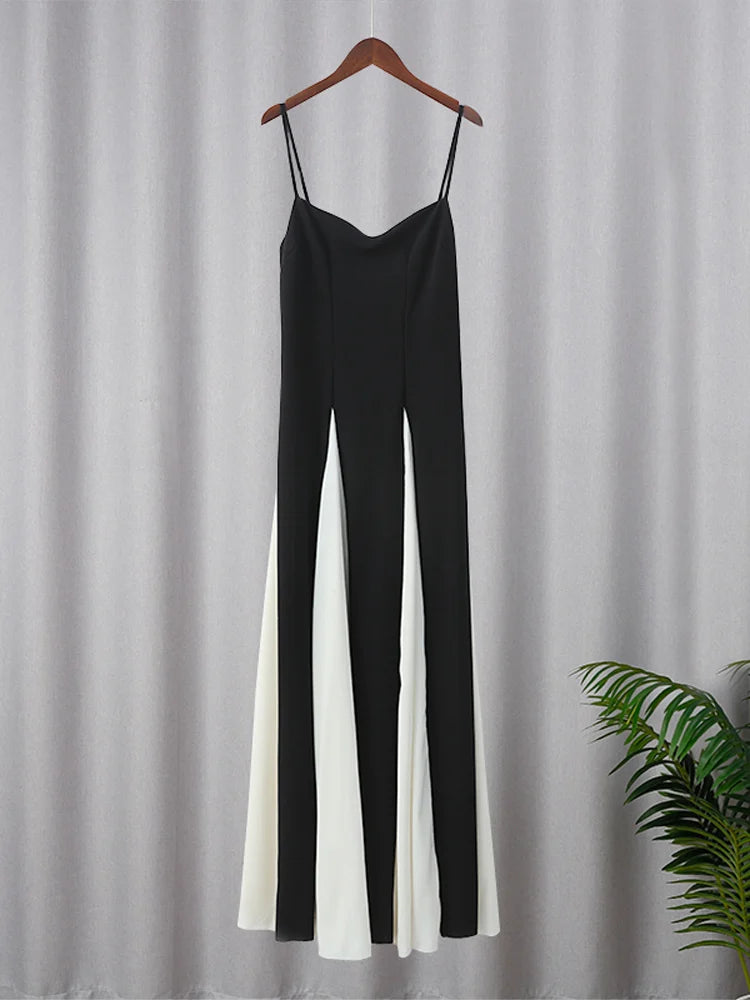 Chin.Sweety Elegant Black White Contrasting Women Sling Dress