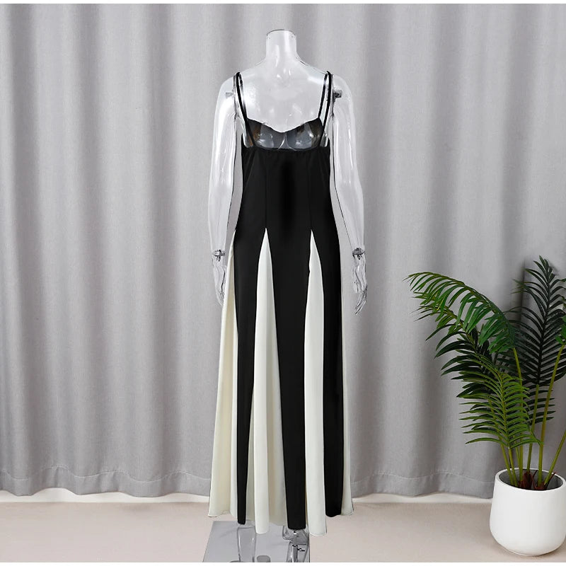 Chin.Sweety Elegant Black White Contrasting Women Sling Dress